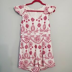 Jun & Ivy White and Pink Floral Embroidered Romper Beach Coquette Summer Sz L
